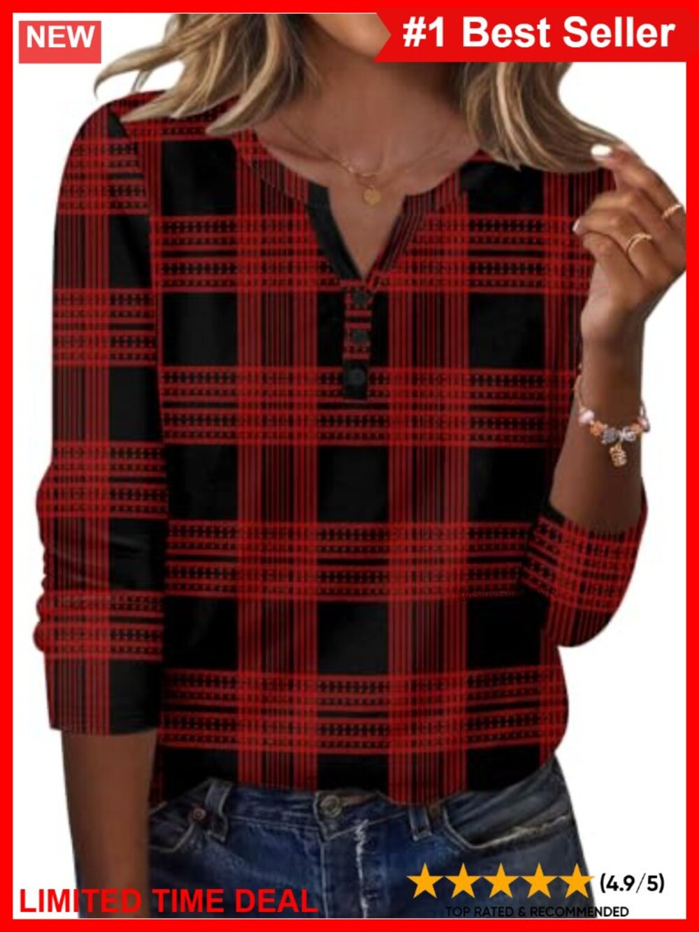 V Neck Henley Long Sleeve Blouse Soft Polyester Spandex Casual Top